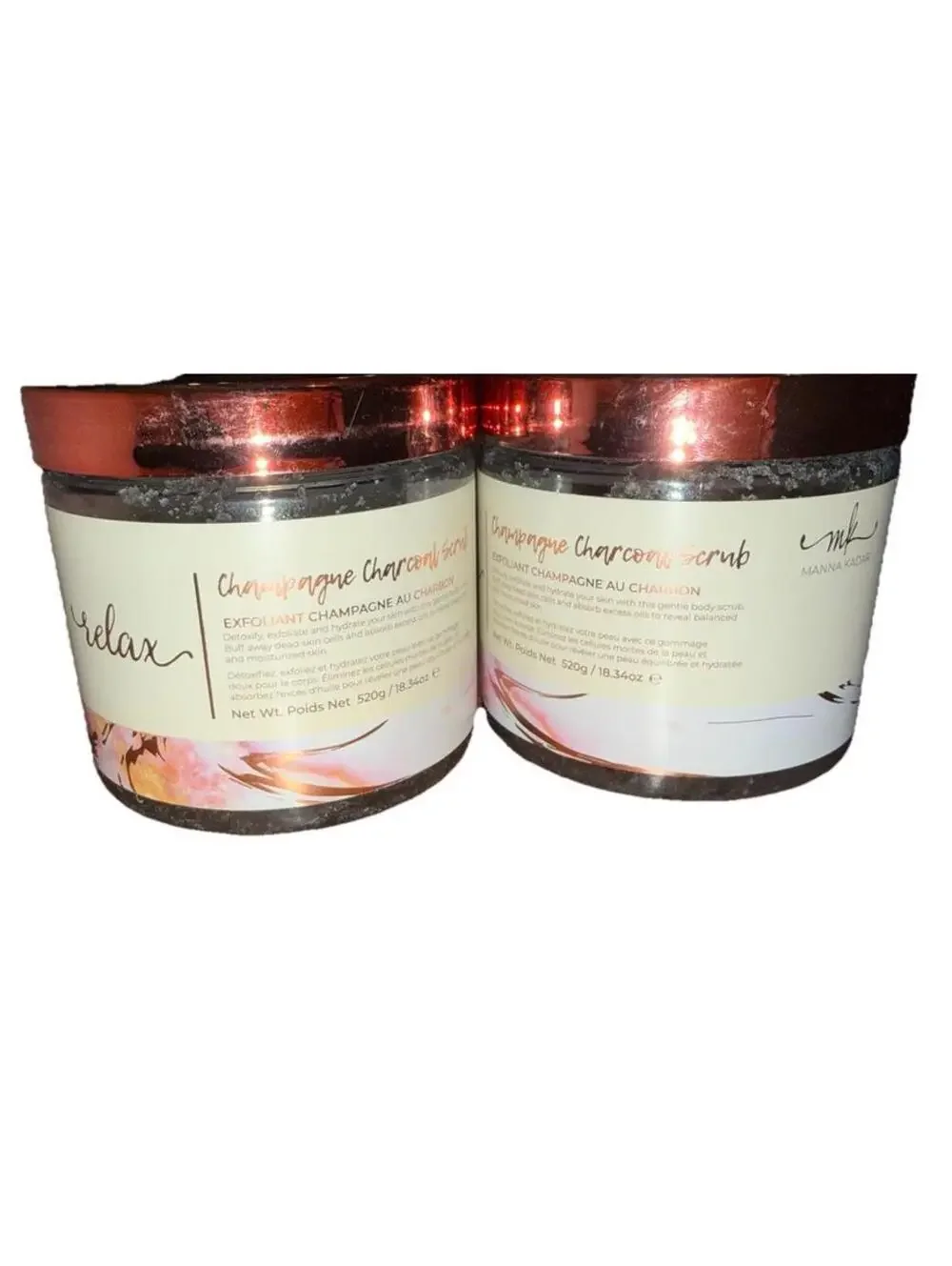 Lot Of Two (2) Manna Kadar Relax Champagne Charcoal Scrub New Sealed 18.34 oz